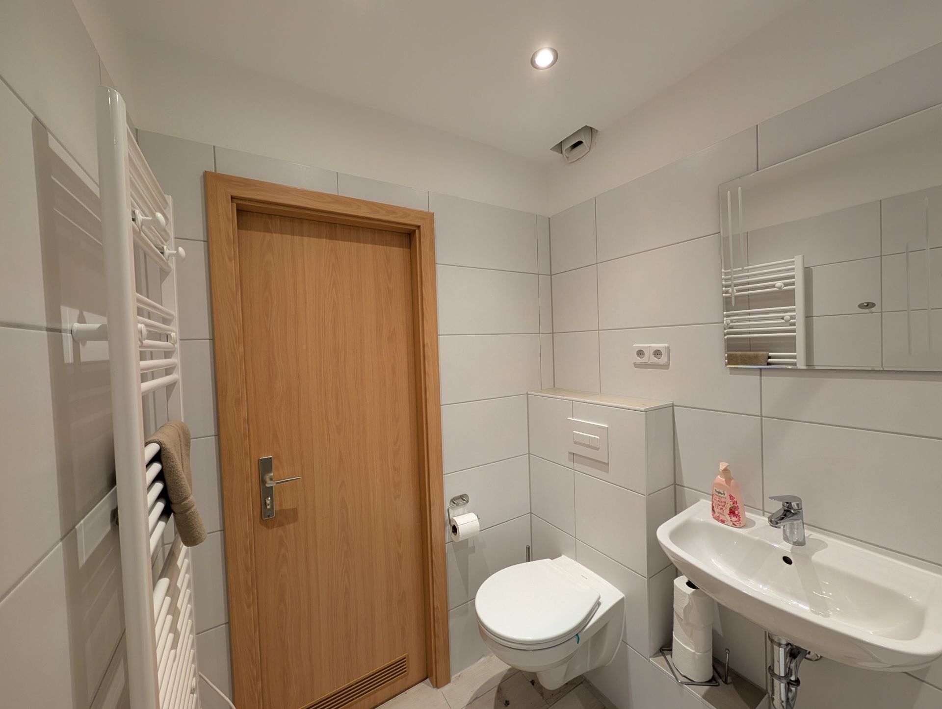 Badezimmer mit Badtür, LED-Deckenspots, Handtucheizkörper, WC und Waschbecken mit Seifenspender sowie Badspiegel und Toilettenrollenhalter