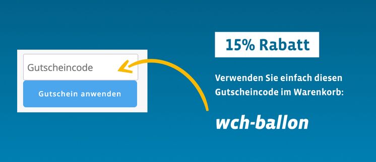 Darstellung eines Gutscheincode-Eingabefelds mit blauem Button und einem Rabattangebot von 15% mit Code "wch-ballon".