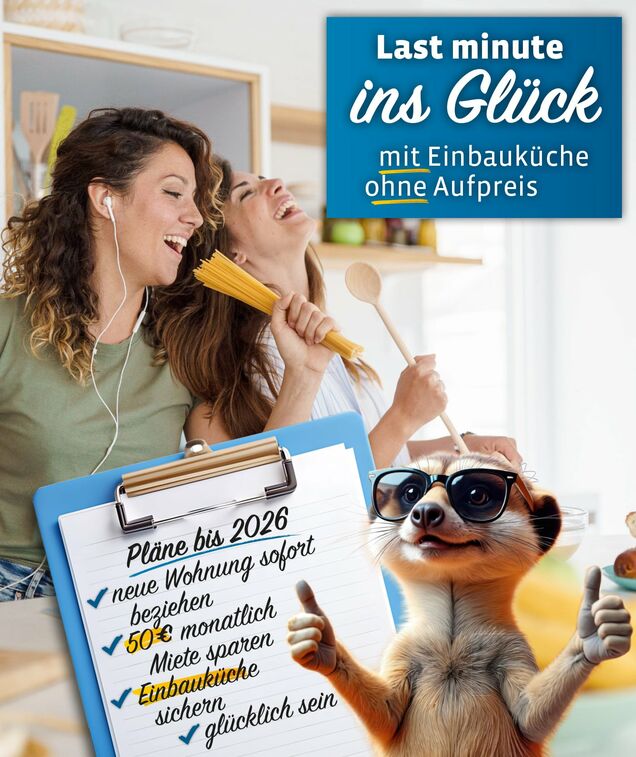 Zwei Frauen lachen in einer hellen Küche, ein Erdmännchen mit Sonnenbrille hält ein Clipboard mit Plänen für 2026.