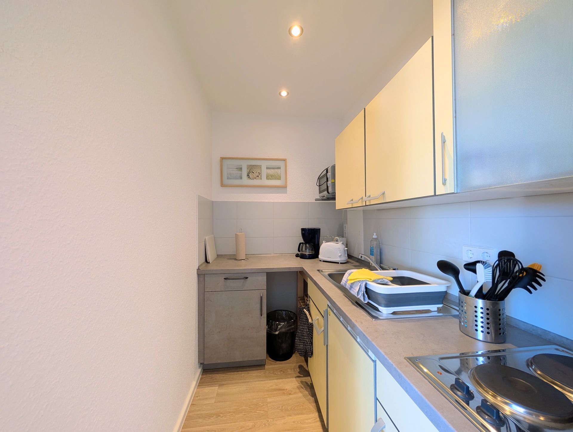 Küchenbereich mit Einbauküche, LED-Deckenspots und Bild an hinterer Wand