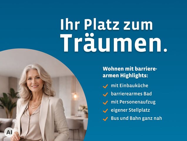 Werbemotiv mit lächelnder Seniorin und Slogan „Ihr Platz zum Träumen" für moderne barrierearme Wohnung mit Aufzug